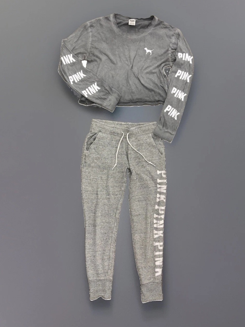 Pink Victorias Secret Athleisure 2 PC Set L/S Cropped Top (S) Joggers (XS) Grey